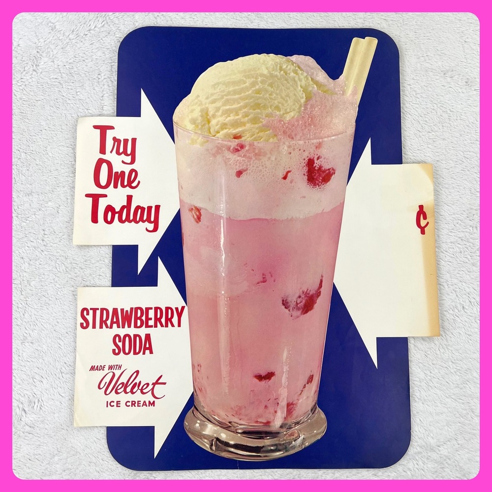 1950s Velvet Ice Cream Strawberry Shake Vintage Diner Sign 25" Soda Fountain USA